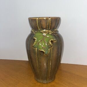 Studio Pottery Flower Vase b+B Rope and Leaf Design Vintage 6.5"Tall x 4.75" W